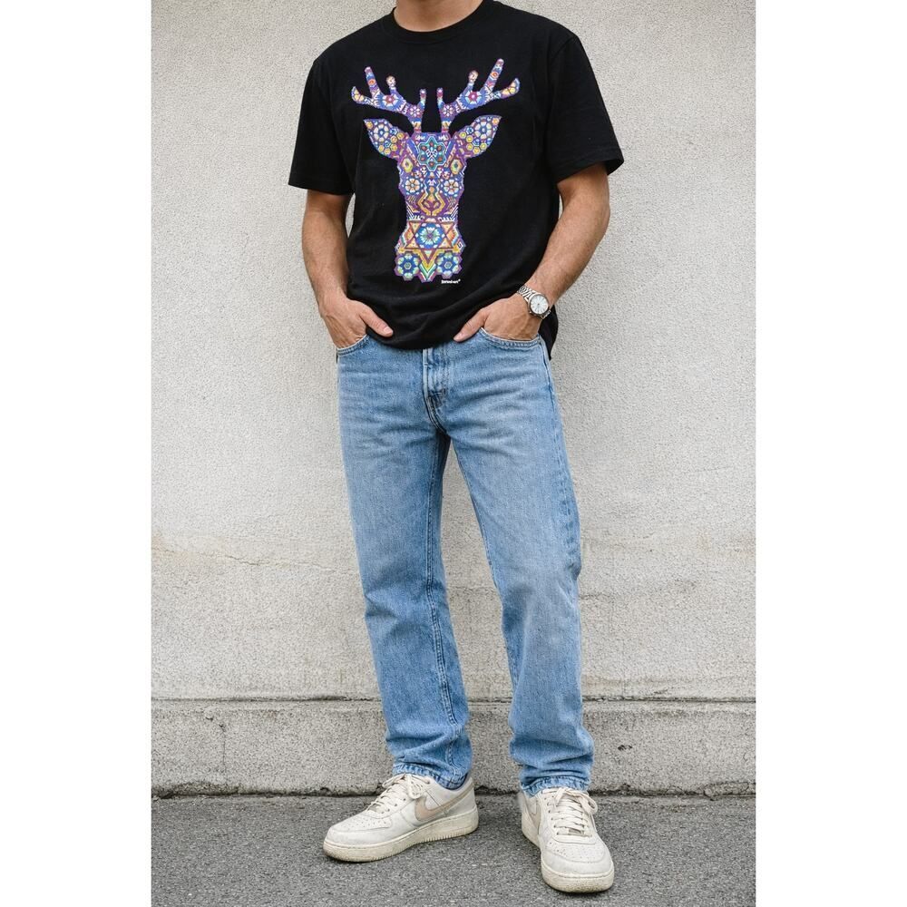 Karani Art Huichol Beaded Deer T-Shirt Black Multicolor Mexican Graphic Tee S